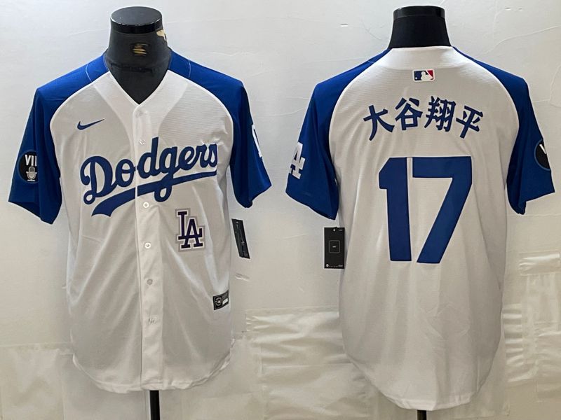 Men Los Angeles Dodgers 17 Ohtani White blue Fashion Nike Game MLB Jersey style 10